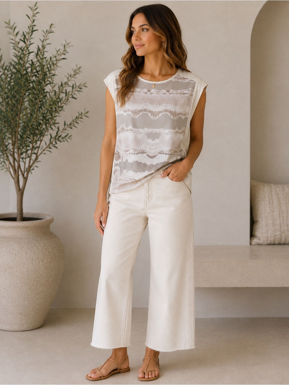Dalia Neutral Tie-Dye Satin Panel Camisole - White, Taupe, Gray